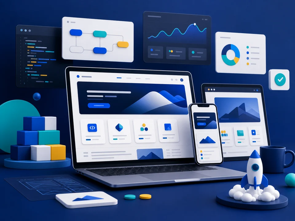 Moderne webutviklingsmiljø med responsive nettsider, analysepaneler og designsystem